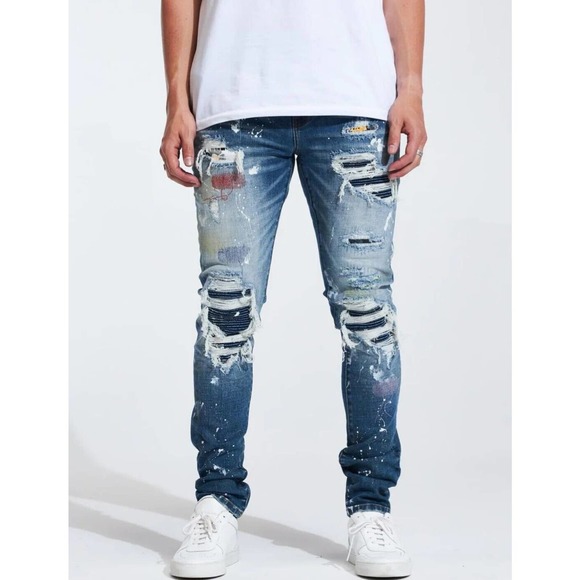 Embellish NYC Men's Rip & Repair Patchwork Distressed Skinny Fit Denim Jeans - Picture 1 of 3